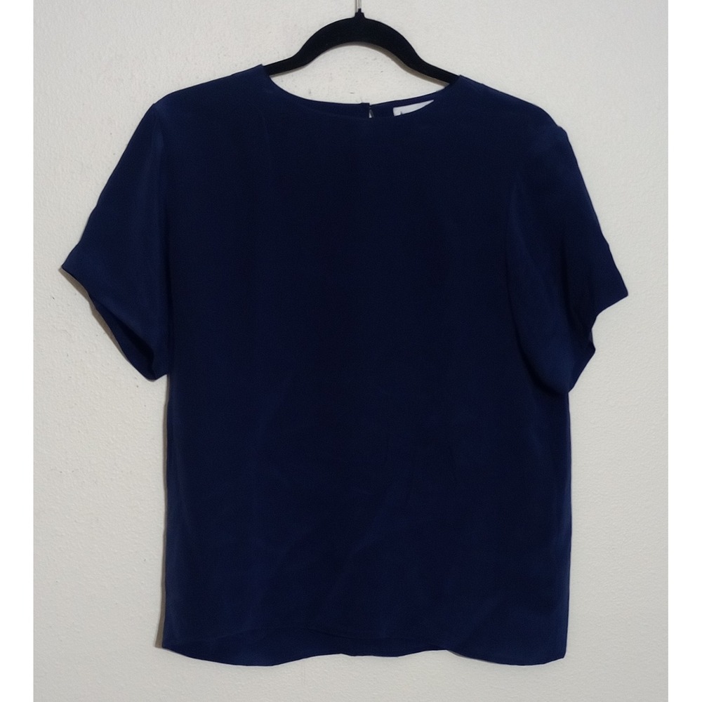 Anna and Frank Navy Blue 100% Silk Short Sleeve Keyhole Back Blouse Petites S